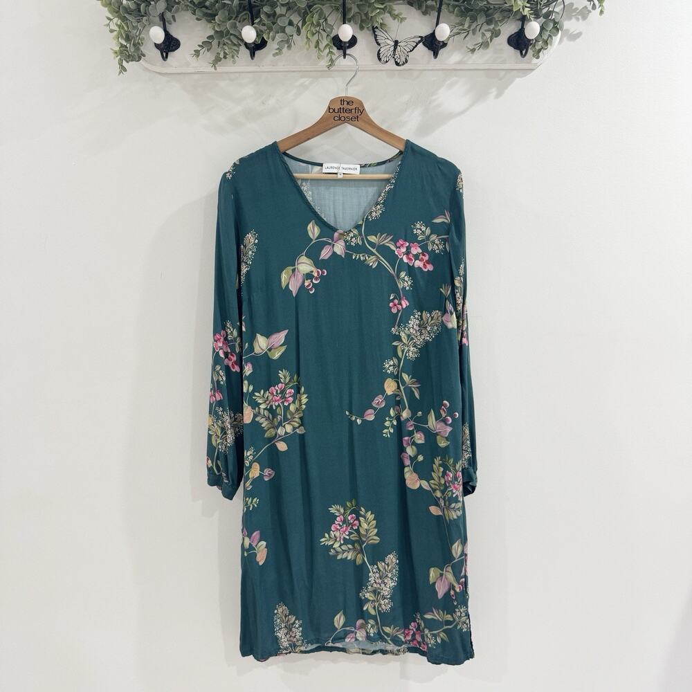laurence tavernier Green Floral Shift Dress Long Sleeve Medium 6-5031